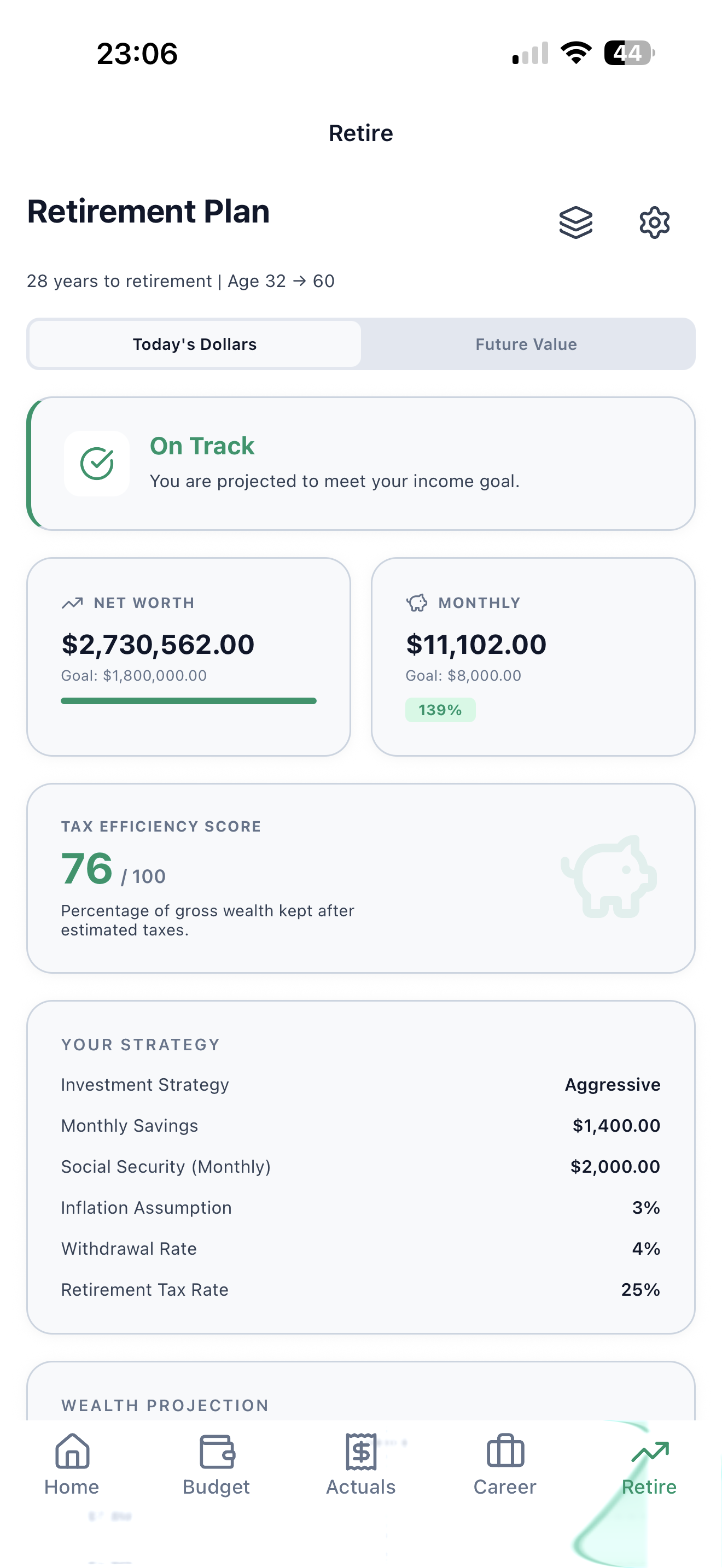 ClariFi retirement planning with net worth projections